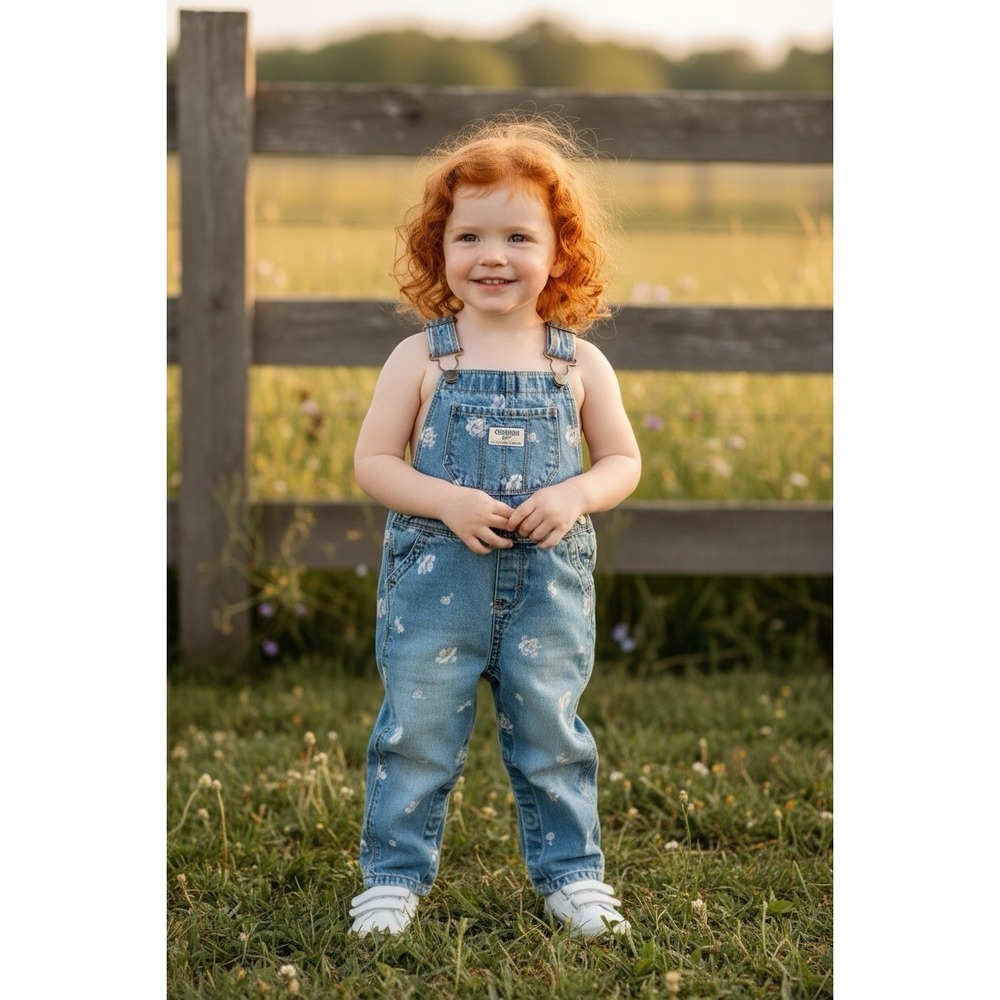 24M Osh Kosh‎ B'gosh Denim Overalls with Flowers Size 24 Months Toddler Vintage